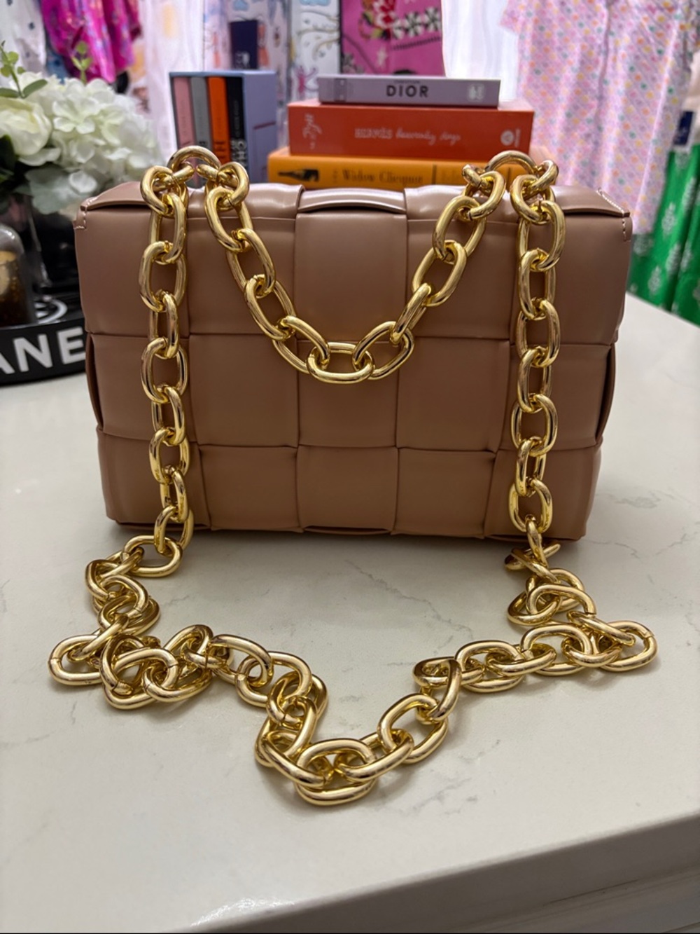 Urban Expressions Taupe Woven Shoulder Bag with Gold Chain